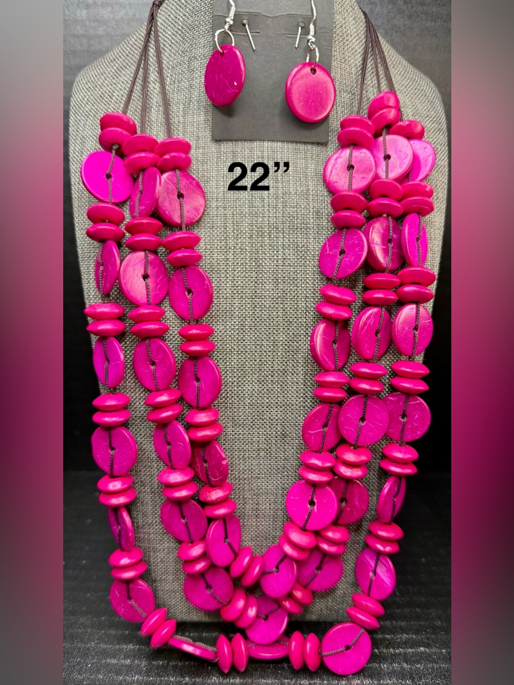 Multi-Strand Hot Pink Disc Bead Necklace with Earrings - Unbranded